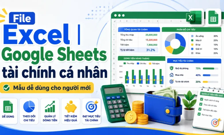 Thumbnail File Excel và Google Sheets tài chính cá nhân với bảng theo dõi chi tiêu, tiết kiệm, dòng tiền và mục tiêu tài chính