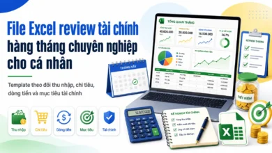 File Excel review tài chính hàng tháng giúp theo dõi thu nhập, chi tiêu, dòng tiền, nợ, quỹ dự phòng và mục tiêu tài chính