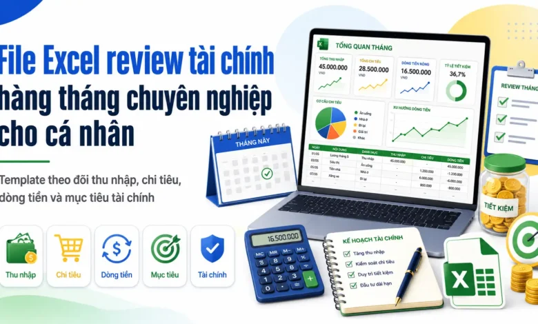 File Excel review tài chính hàng tháng giúp theo dõi thu nhập, chi tiêu, dòng tiền, nợ, quỹ dự phòng và mục tiêu tài chính