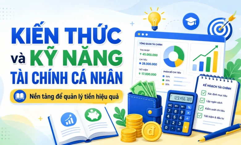 Thumbnail minh họa kiến thức và kỹ năng tài chính cá nhân với dashboard tài chính, ví tiền, máy tính, sổ kế hoạch và biểu đồ tăng trưởng