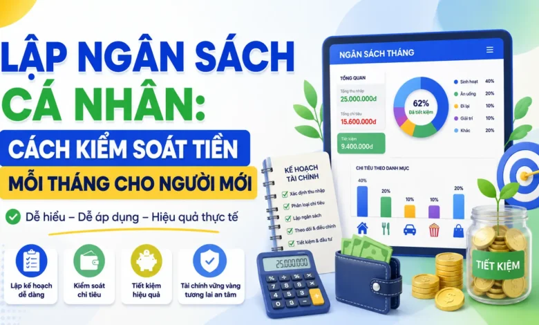 Thumbnail minh họa lập ngân sách cá nhân với dashboard ngân sách tháng, ví tiền, máy tính, sổ kế hoạch, hũ tiết kiệm và mục tiêu tài chính