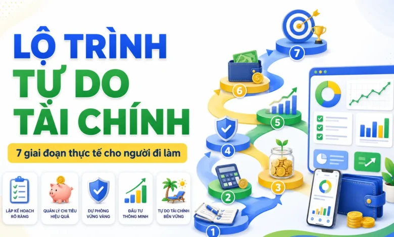 Thumbnail minh họa lộ trình tự do tài chính gồm 7 giai đoạn với dashboard, mục tiêu, quỹ dự phòng, đầu tư và quản lý chi tiêu