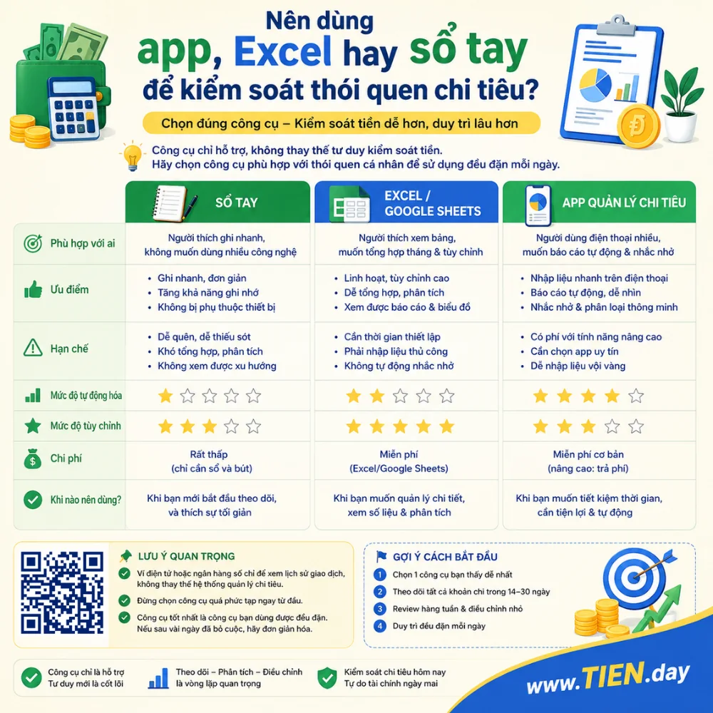 Infographic so sánh app, Excel và sổ tay để kiểm soát thói quen chi tiêu, gồm ưu điểm, hạn chế, mức độ tự động hóa và gợi ý chọn công cụ phù hợp.