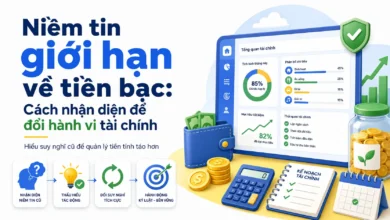 Hình minh họa niềm tin giới hạn về tiền bạc, dashboard tài chính, ví tiền, checklist và kế hoạch thay đổi hành vi tài chính