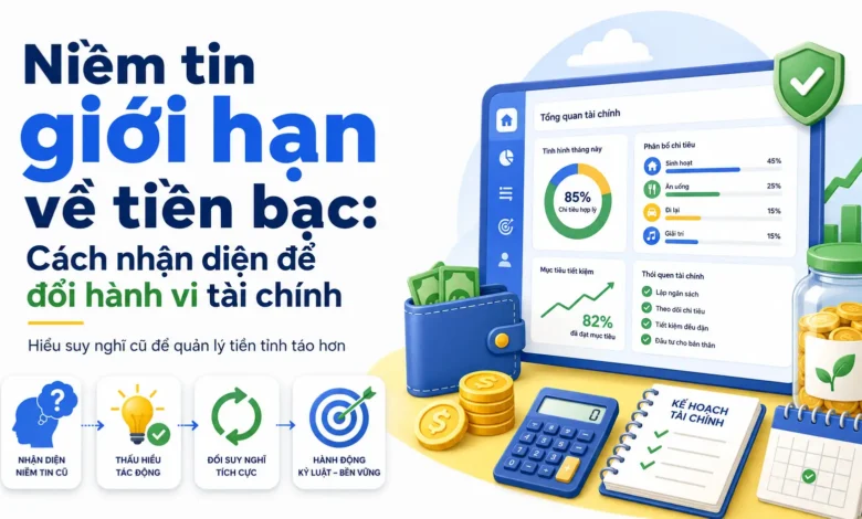Hình minh họa niềm tin giới hạn về tiền bạc, dashboard tài chính, ví tiền, checklist và kế hoạch thay đổi hành vi tài chính