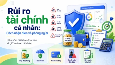 Thumbnail minh họa rủi ro tài chính cá nhân với khiên bảo vệ, quỹ dự phòng, ví tiền, checklist, cảnh báo lừa đảo và kế hoạch tài chính