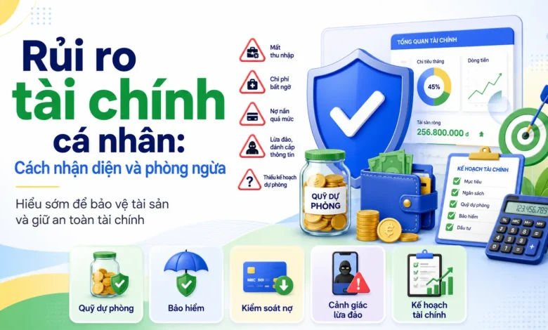 Thumbnail minh họa rủi ro tài chính cá nhân với khiên bảo vệ, quỹ dự phòng, ví tiền, checklist, cảnh báo lừa đảo và kế hoạch tài chính