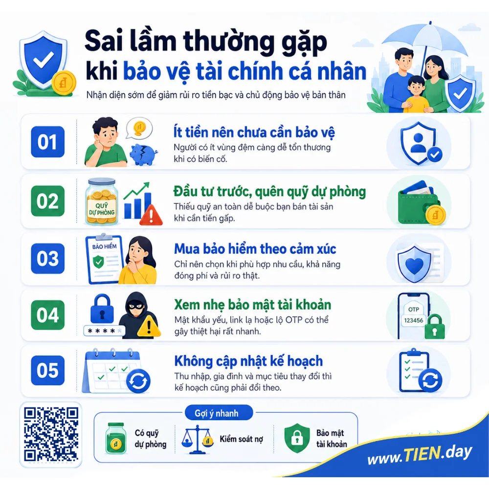 Infographic sai lầm thường gặp khi bảo vệ tài chính cá nhân, gồm ít tiền nên chưa cần bảo vệ, đầu tư trước khi có quỹ dự phòng, mua bảo hiểm theo cảm xúc, xem nhẹ bảo mật tài khoản và không cập nhật kế hoạch.