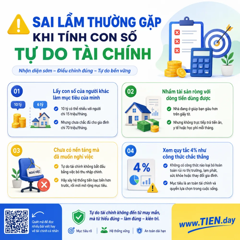 Infographic TIEN.day minh họa những sai lầm thường gặp khi tính con số tự do tài chính, gồm nhầm tài sản ròng, dùng mục tiêu người khác và hiểu sai quy tắc 4%