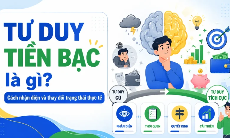 Thumbnail minh họa tư duy tiền bạc với hình ảnh chuyển đổi từ tư duy cũ sang tư duy tích cực, biểu tượng mục tiêu tài chính, ví tiền, heo đất và biểu đồ tăng trưởng