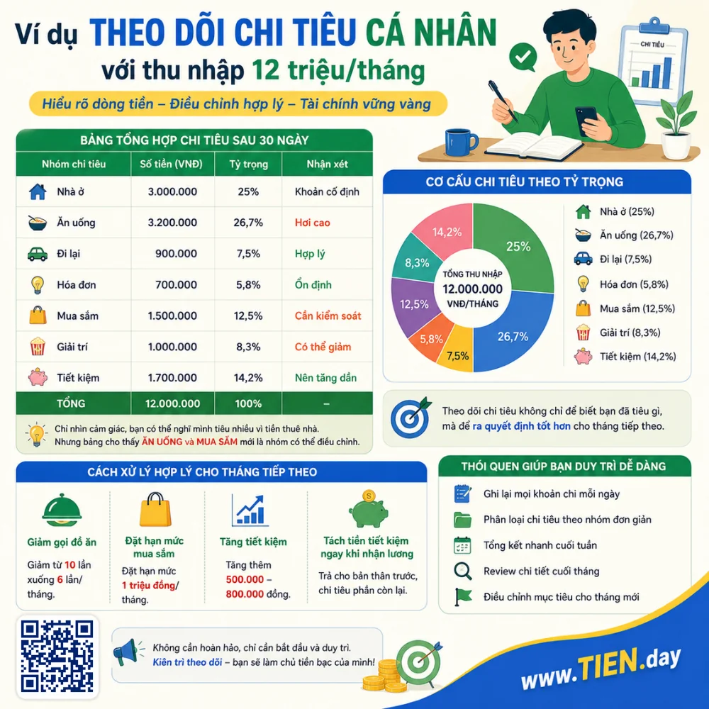 Ví dụ theo dõi chi tiêu cá nhân với thu nhập 12 triệu-tháng tien.day infographic