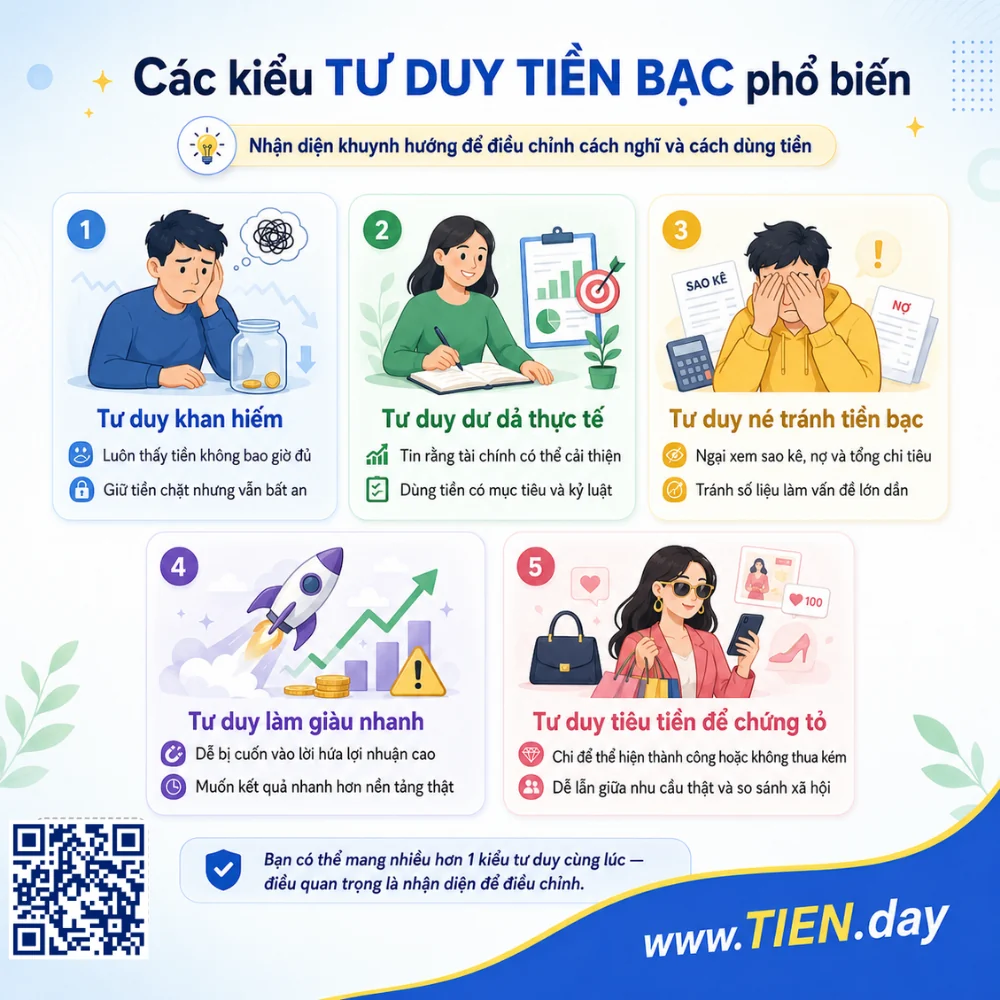 Infographic các kiểu tư duy tiền bạc phổ biến, gồm tư duy khan hiếm, tư duy dư dả thực tế, tư duy né tránh tiền bạc, tư duy làm giàu nhanh và tư duy tiêu tiền để chứng tỏ.