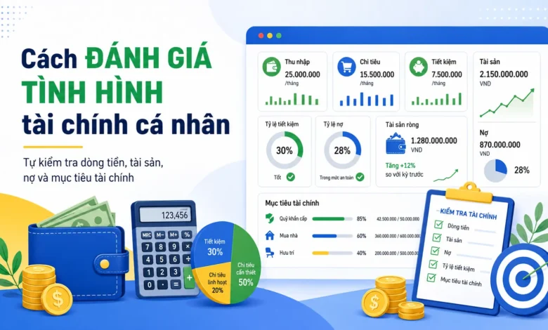 Cách đánh giá tình hình tài chính cá nhân qua thu nhập, chi tiêu, tài sản, nợ và dòng tiền.