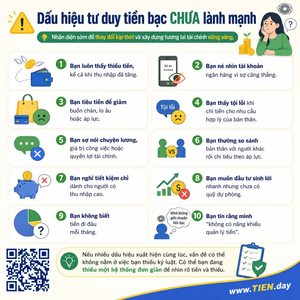 Infographic về dấu hiệu tư duy tiền bạc chưa lành mạnh, gồm luôn thấy thiếu tiền, né nhìn tài khoản, tiêu tiền theo cảm xúc, so sánh với người khác và không biết tiền đi đâu mỗi tháng