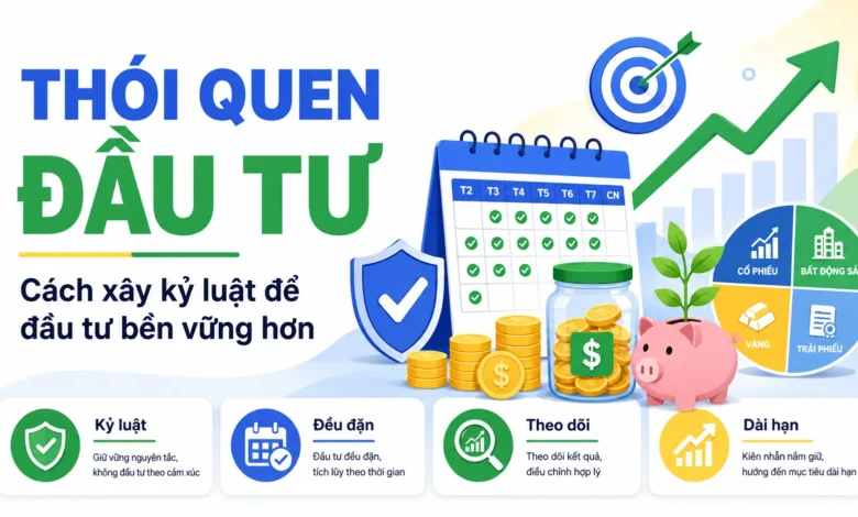 Thumbnail minh họa thói quen đầu tư với lịch đầu tư, biểu đồ tăng trưởng, danh mục cổ phiếu, vàng, bất động sản và trái phiếu