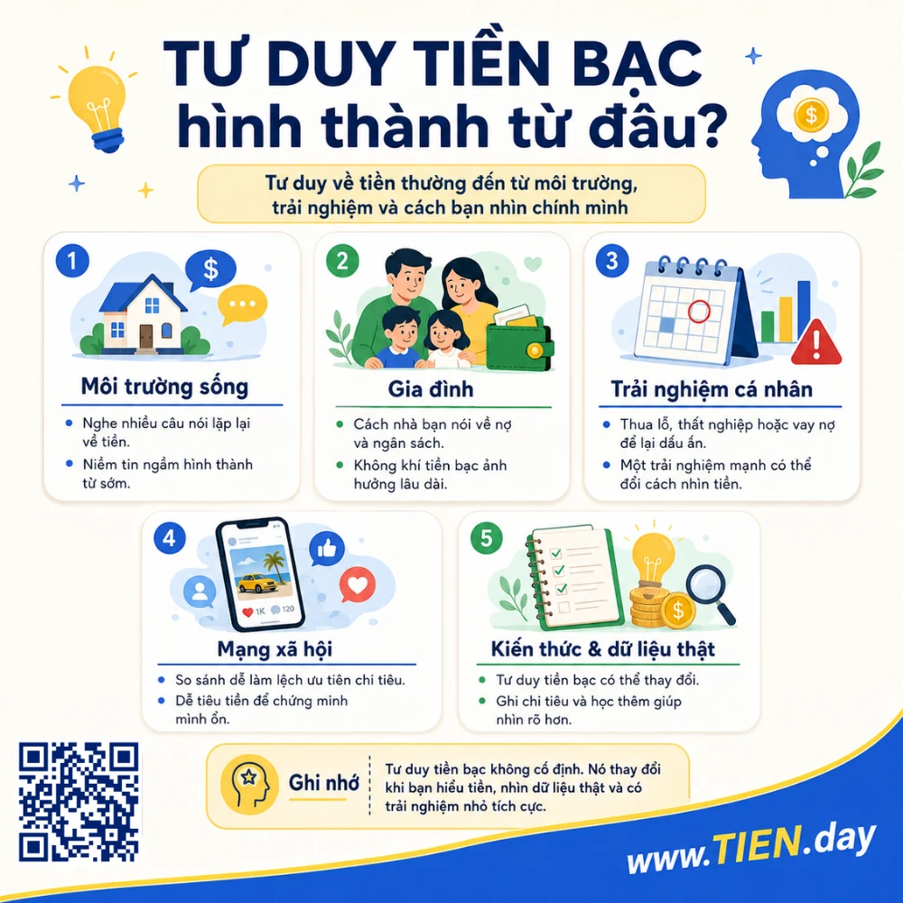 Infographic giải thích tư duy tiền bạc hình thành từ đâu, gồm môi trường sống, gia đình, trải nghiệm cá nhân, mạng xã hội và kiến thức cùng dữ liệu tài chính thật.