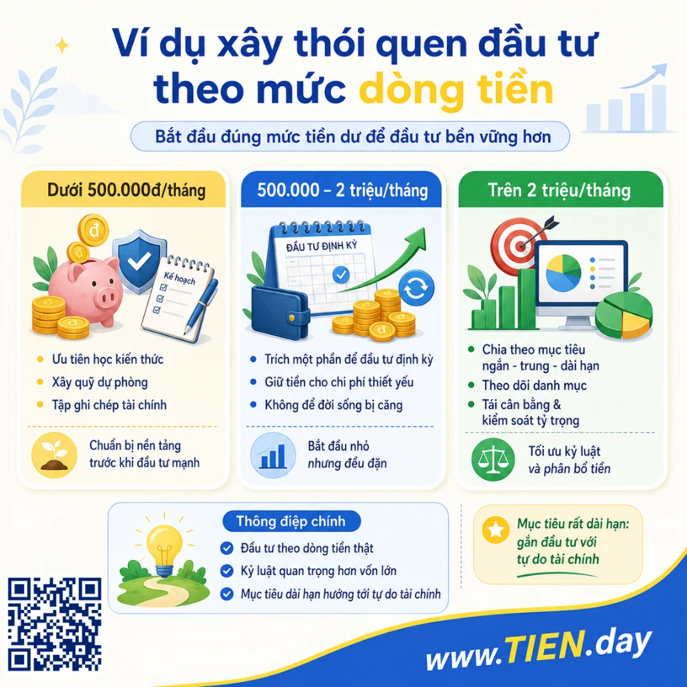 Infographic ví dụ xây thói quen đầu tư theo mức dòng tiền, gồm dưới 500.000 đồng, 500.000–2 triệu đồng và trên 2 triệu đồng mỗi tháng.