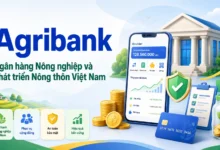 Thumbnail minh họa Agribank với tòa nhà ngân hàng, ứng dụng số, thẻ ngân hàng và biểu tượng bảo mật