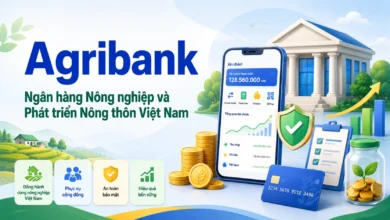 Thumbnail minh họa Agribank với tòa nhà ngân hàng, ứng dụng số, thẻ ngân hàng và biểu tượng bảo mật