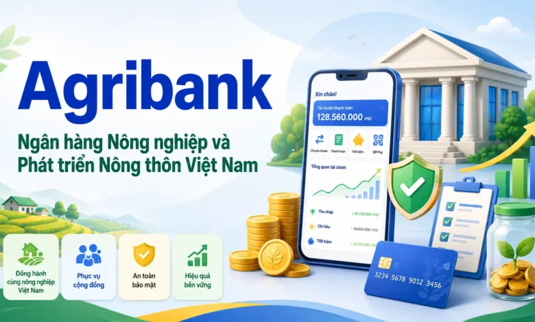 Thumbnail minh họa Agribank với tòa nhà ngân hàng, ứng dụng số, thẻ ngân hàng và biểu tượng bảo mật