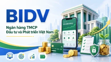 Thumbnail minh họa BIDV với tòa nhà ngân hàng, ứng dụng số, thẻ thanh toán, tiền xu và biểu tượng bảo mật