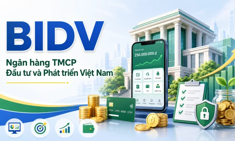 Thumbnail minh họa BIDV với tòa nhà ngân hàng, ứng dụng số, thẻ thanh toán, tiền xu và biểu tượng bảo mật