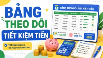 Bảng theo dõi tiết kiệm tiền TIEN.day gồm mục tiêu, theo dõi theo tuần, tháng, năm, quỹ dự phòng và biểu đồ tiến độ