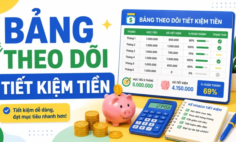 Bảng theo dõi tiết kiệm tiền TIEN.day gồm mục tiêu, theo dõi theo tuần, tháng, năm, quỹ dự phòng và biểu đồ tiến độ