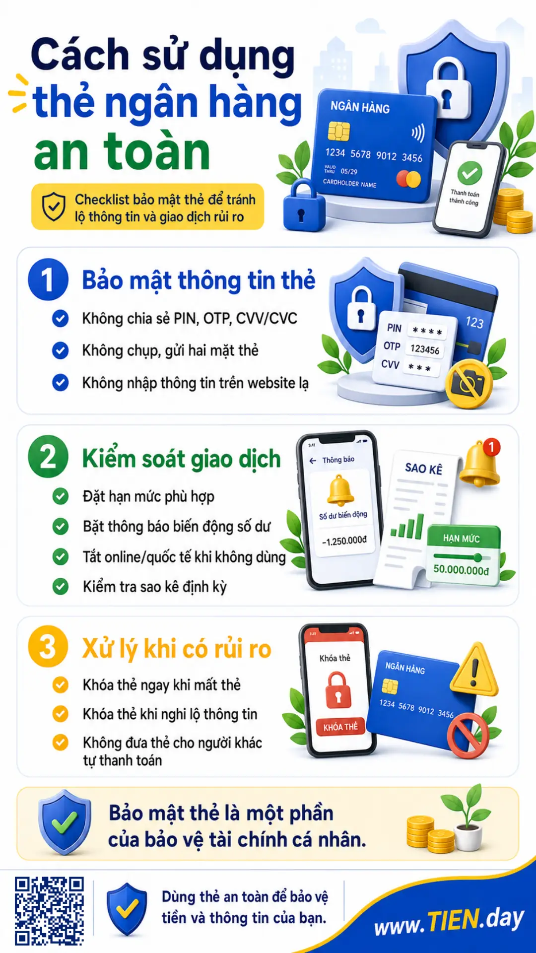 Infographic về cách dùng thẻ ngân hàng an toàn, gồm bảo mật thông tin và xử lý rủi ro.