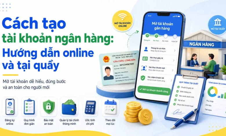 Thumbnail minh họa tạo tài khoản ngân hàng với điện thoại, căn cước, mở tài khoản và bảo mật