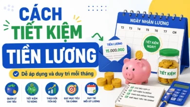 Thumbnail minh họa cách tiết kiệm tiền lương với lịch nhận lương, heo đất, hũ tiết kiệm, tiền xu và checklist tài chính cá nhân.