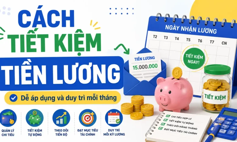 Thumbnail minh họa cách tiết kiệm tiền lương với lịch nhận lương, heo đất, hũ tiết kiệm, tiền xu và checklist tài chính cá nhân.
