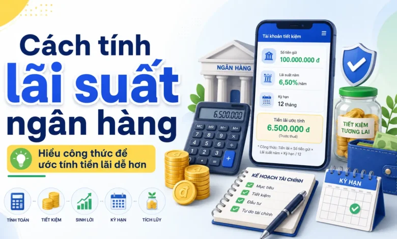 Thumbnail minh họa cách tính lãi suất ngân hàng với điện thoại, máy tính, tiền xu, hũ tiết kiệm và lịch kỳ hạn
