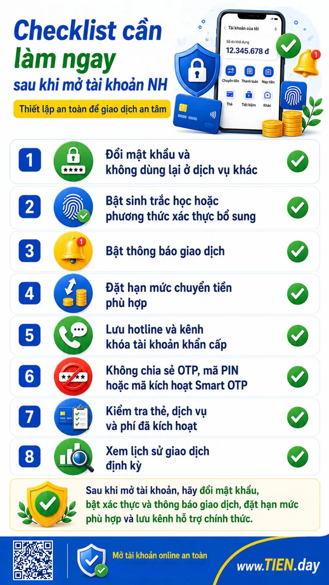 Infographic TIEN.day hướng dẫn các việc cần làm ngay sau khi mở tài khoản ngân hàng để bảo mật và quản lý tốt hơn