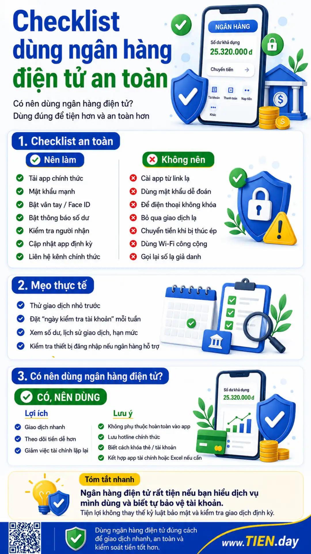 Infographic TIEN.day hướng dẫn dùng ngân hàng điện tử an toàn, gồm checklist bảo mật và gợi ý sử dụng phù hợp