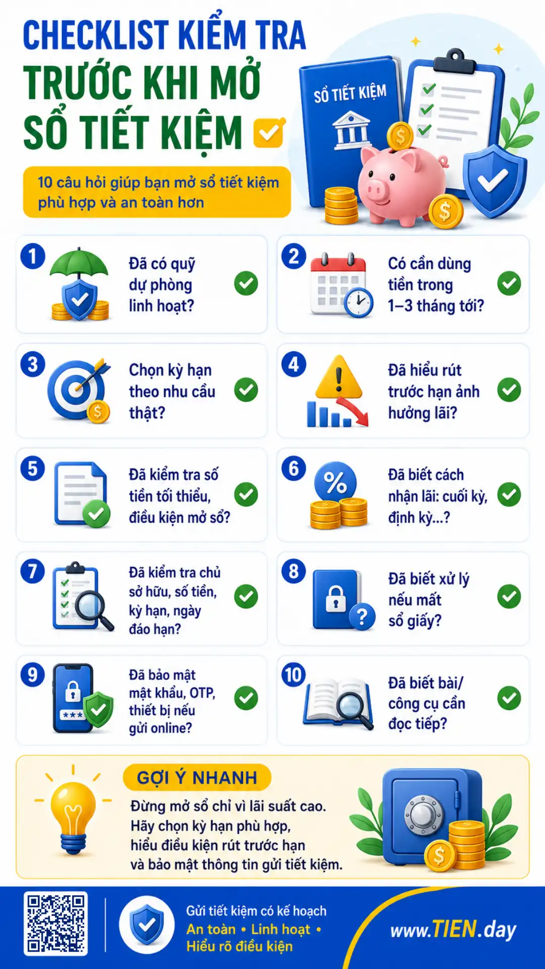 Infographic TIEN.day hướng dẫn checklist kiểm tra trước khi mở sổ tiết kiệm, gồm kỳ hạn, lãi suất, bảo mật.