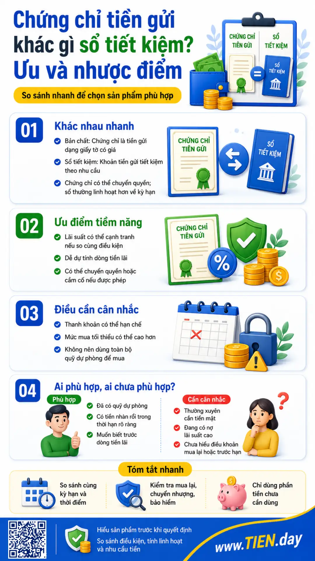 Infographic chứng chỉ tiền gửi khác gì sổ tiết kiệm và ưu nhược điểm
