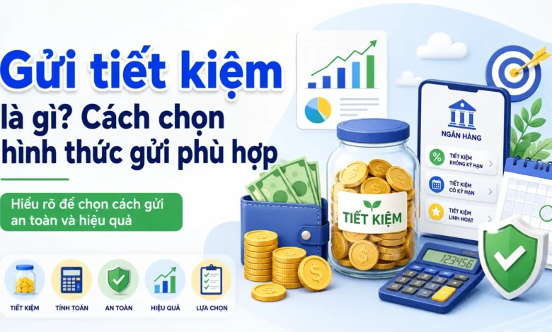 Thumbnail minh họa gửi tiết kiệm với hũ tiền, ví, máy tính, điện thoại ngân hàng và các lựa chọn gửi giúp người đọc hiểu cách chọn hình thức phù hợp