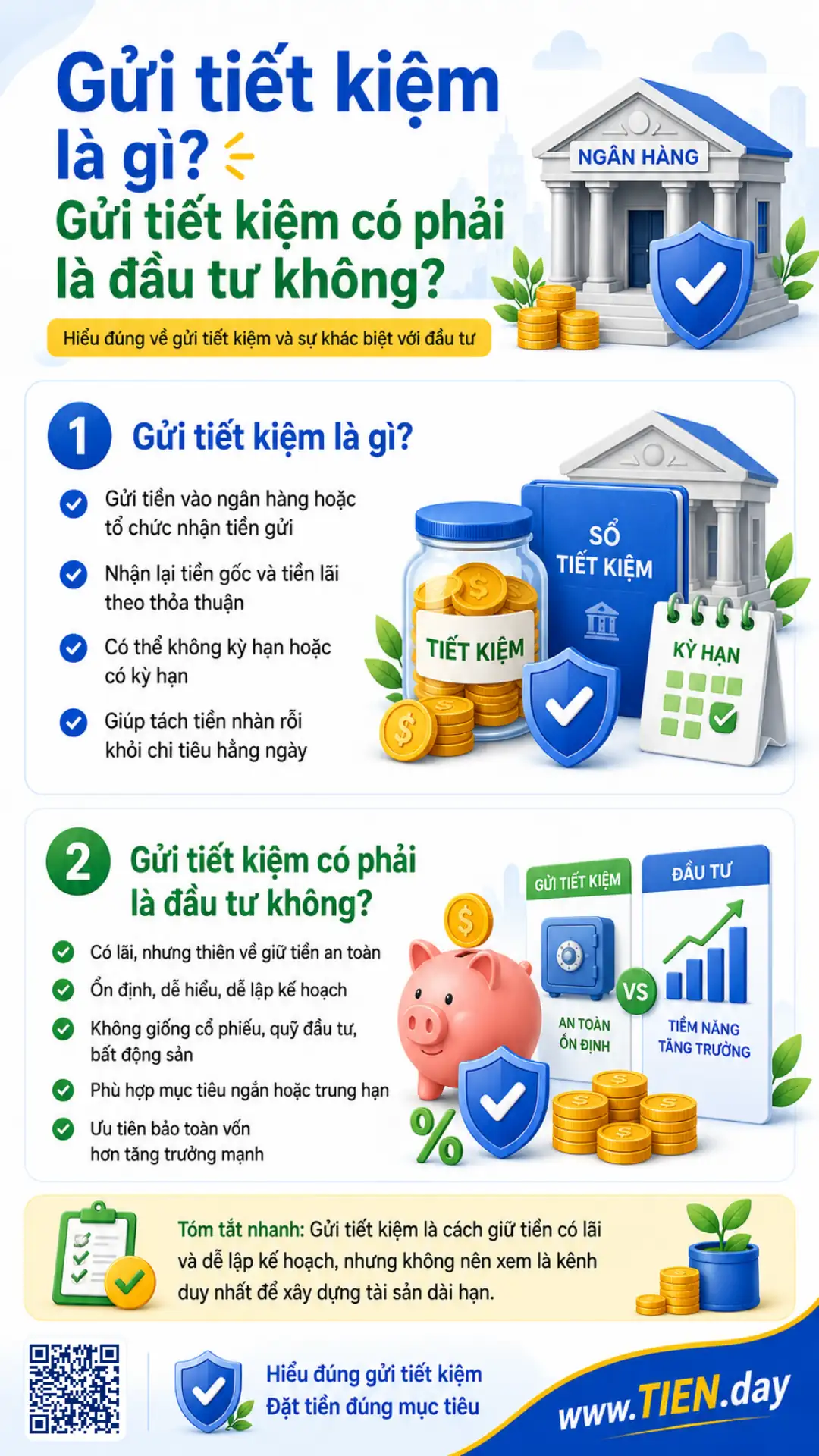 Infographic giải thích gửi tiết kiệm là gì và gửi tiết kiệm có phải là đầu tư không, với ngân hàng, sổ tiết kiệm, heo đất và biểu đồ đầu tư