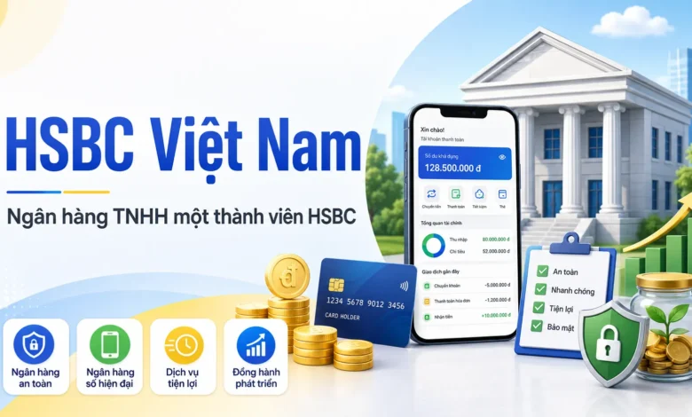 Thumbnail HSBC Việt Nam với app ngân hàng, thẻ và biểu tượng bảo mật