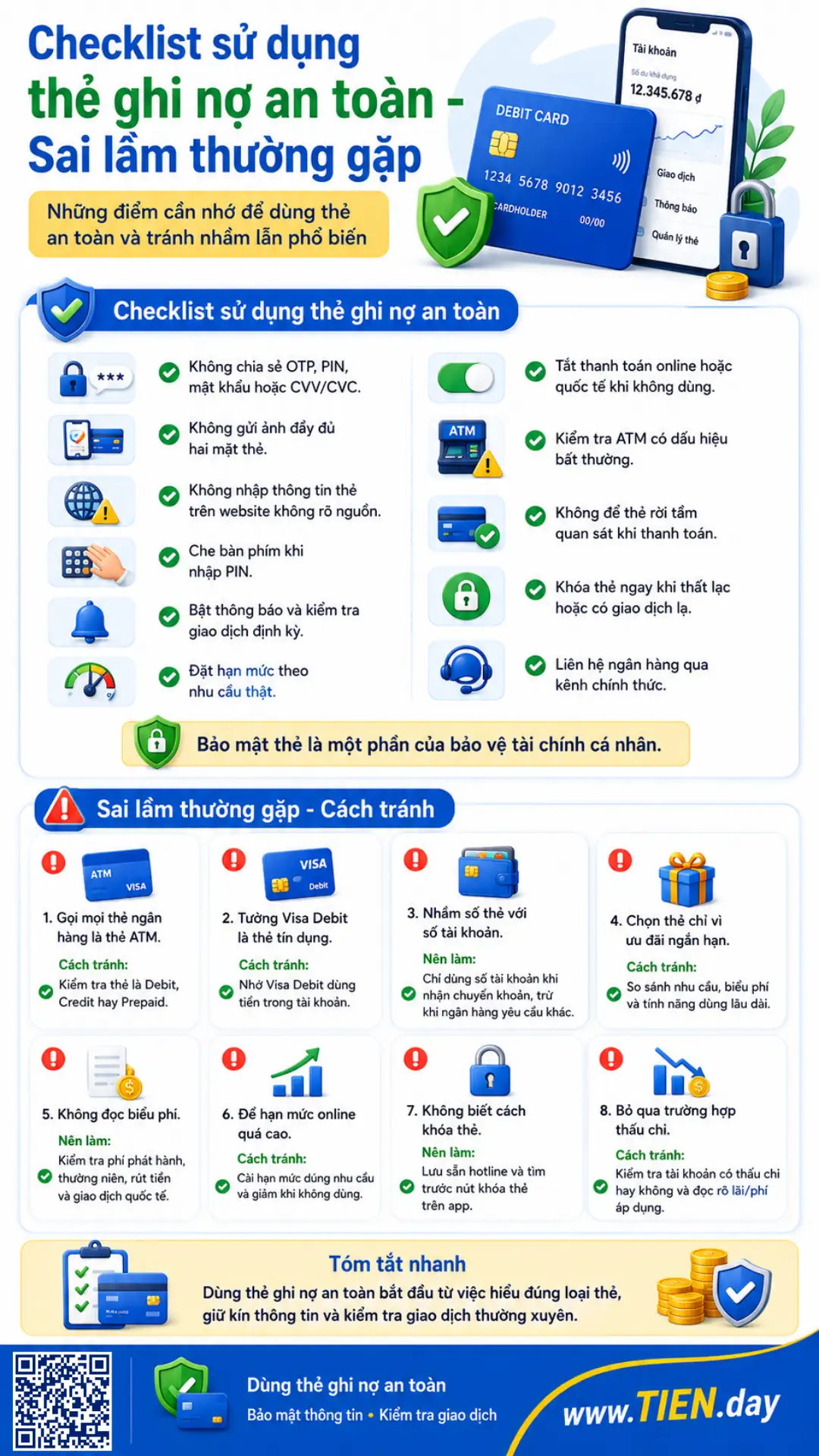 Infographic TIEN.day trình bày checklist bảo mật thẻ ghi nợ, sai lầm phổ biến và gợi ý cách tránh rõ ràng thực tế