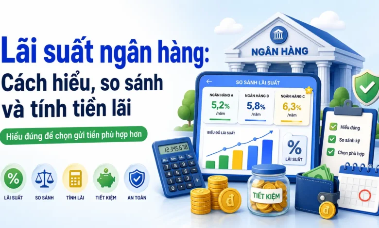 Thumbnail minh họa lãi suất ngân hàng với tòa nhà ngân hàng, bảng so sánh lãi suất, máy tính, ví tiền, hũ tiết kiệm và biểu đồ tăng trưởng