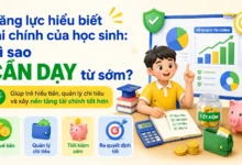 Thumbnail minh họa năng lực hiểu biết tài chính của học sinh với bé trai học quản lý tiền, ống heo, ví tiền, máy tính, biểu đồ và kế hoạch tài chính