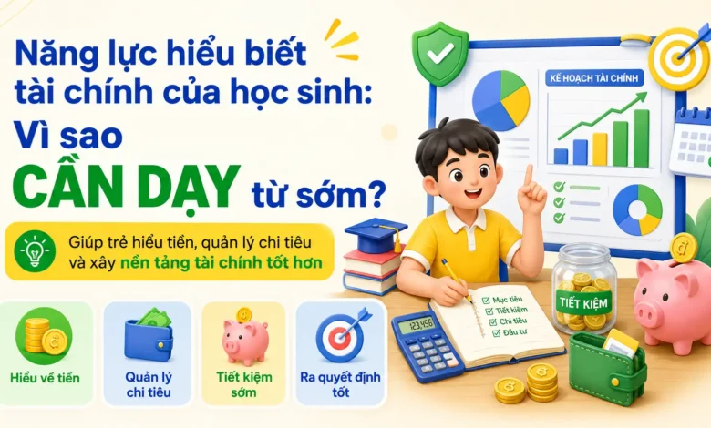 Thumbnail minh họa năng lực hiểu biết tài chính của học sinh với bé trai học quản lý tiền, ống heo, ví tiền, máy tính, biểu đồ và kế hoạch tài chính