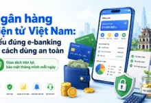 Thumbnail ngân hàng điện tử với ứng dụng mobile banking, thẻ thanh toán, ví tiền và biểu tượng bảo mật