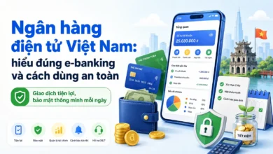 Thumbnail ngân hàng điện tử với ứng dụng mobile banking, thẻ thanh toán, ví tiền và biểu tượng bảo mật