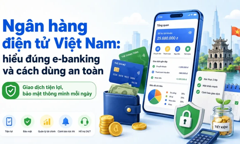 Thumbnail ngân hàng điện tử với ứng dụng mobile banking, thẻ thanh toán, ví tiền và biểu tượng bảo mật