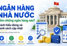 Thumbnail minh họa ngân hàng nhà nước với tòa nhà cơ quan, danh sách ngân hàng, kính lúp, khiên bảo mật và ứng dụng ngân hàng.