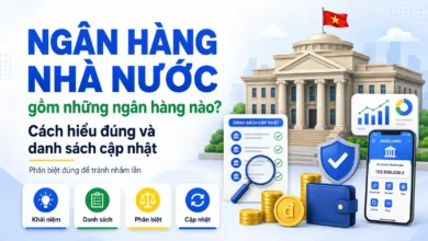 Thumbnail minh họa ngân hàng nhà nước với tòa nhà cơ quan, danh sách ngân hàng, kính lúp, khiên bảo mật và ứng dụng ngân hàng.