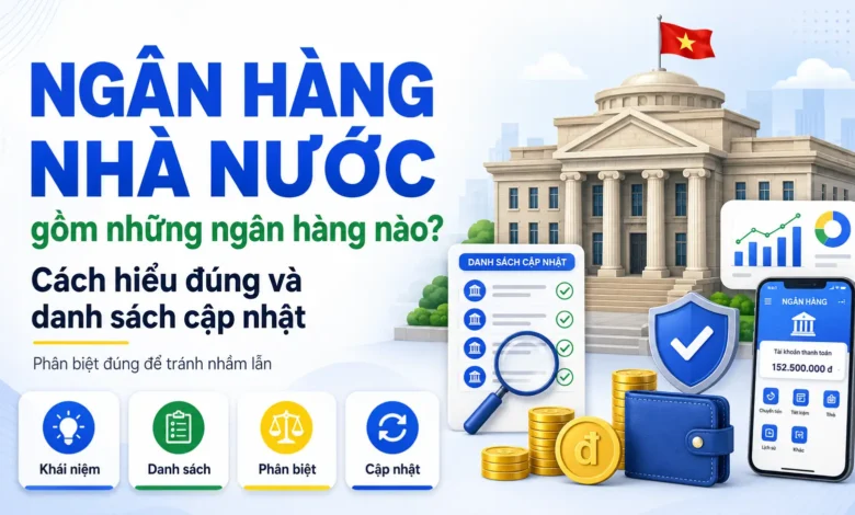 Thumbnail minh họa ngân hàng nhà nước với tòa nhà cơ quan, danh sách ngân hàng, kính lúp, khiên bảo mật và ứng dụng ngân hàng.